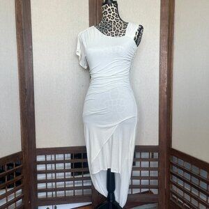 Bebe White Asymmetrical Ruched Handkerchief Dress